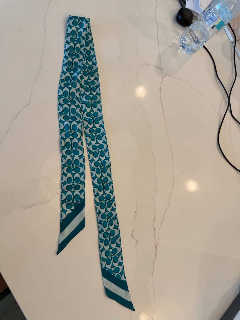 Coach Teal Logo-Print Silk Scarf Ribbon with Stripe Ends